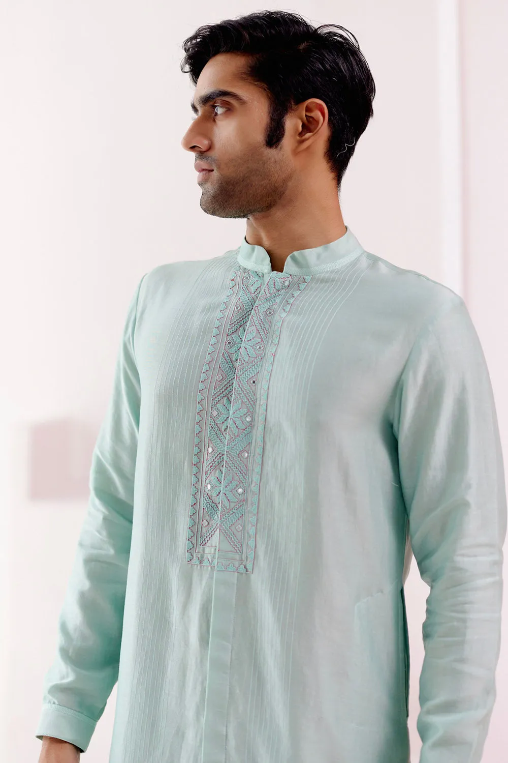 Chic Aqua Self-Embroidered Chanderi Kurta Set