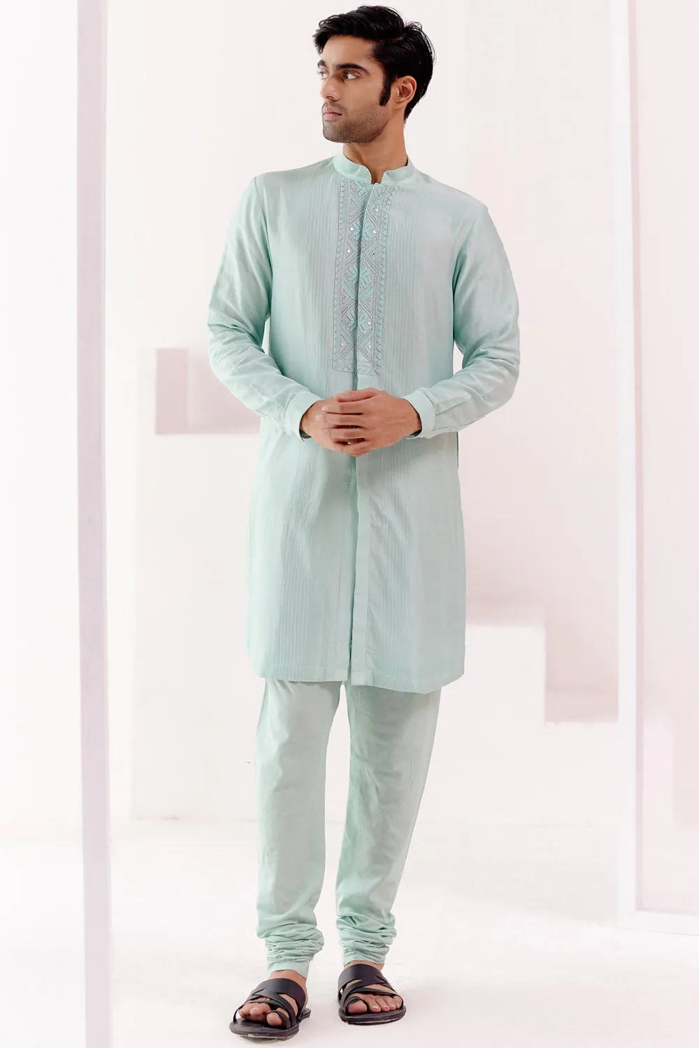 Chic Aqua Self-Embroidered Chanderi Kurta Set