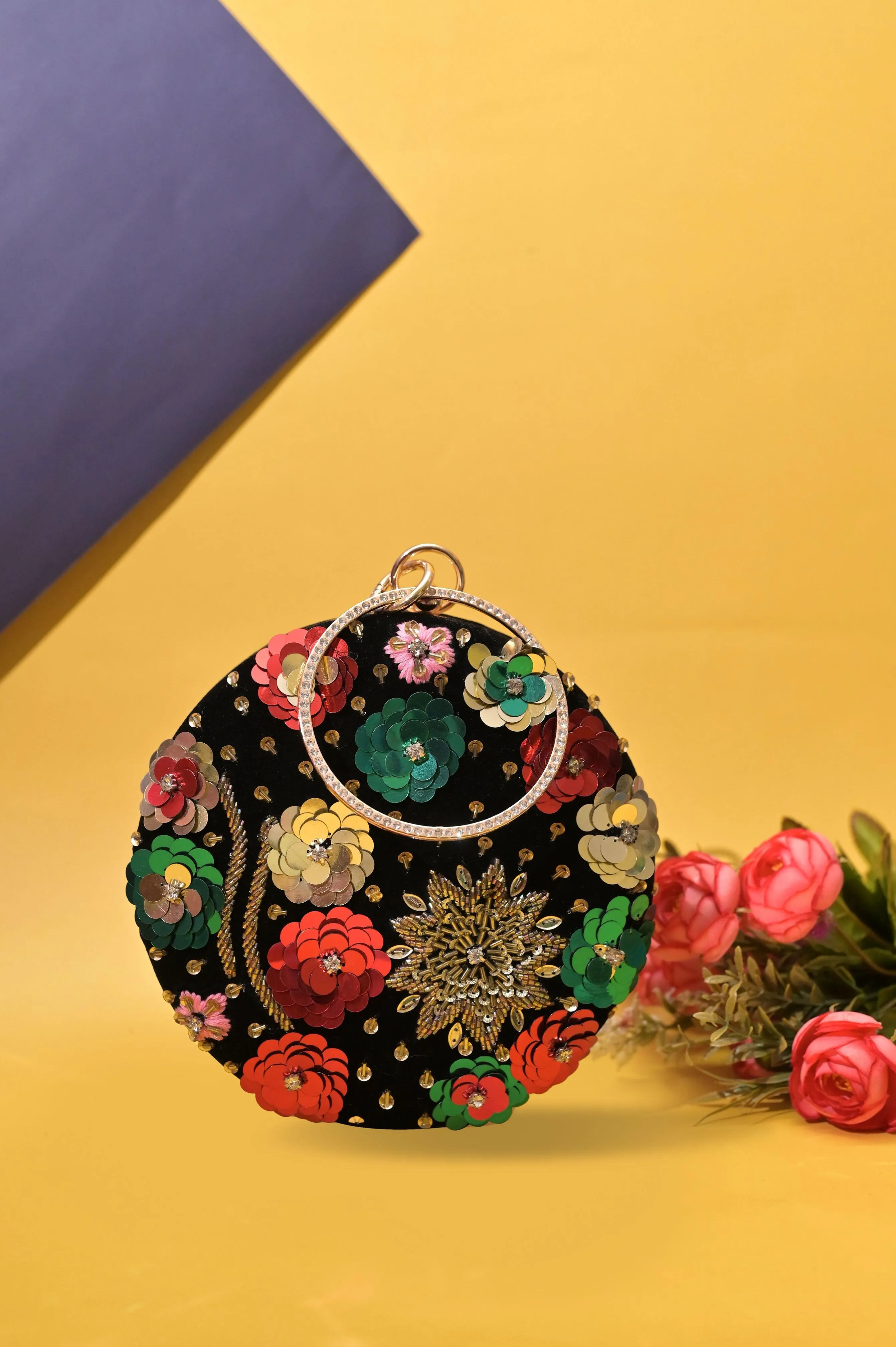 Black Color Designer Round Clutch with Zari Embroidery Work and Metal Handle