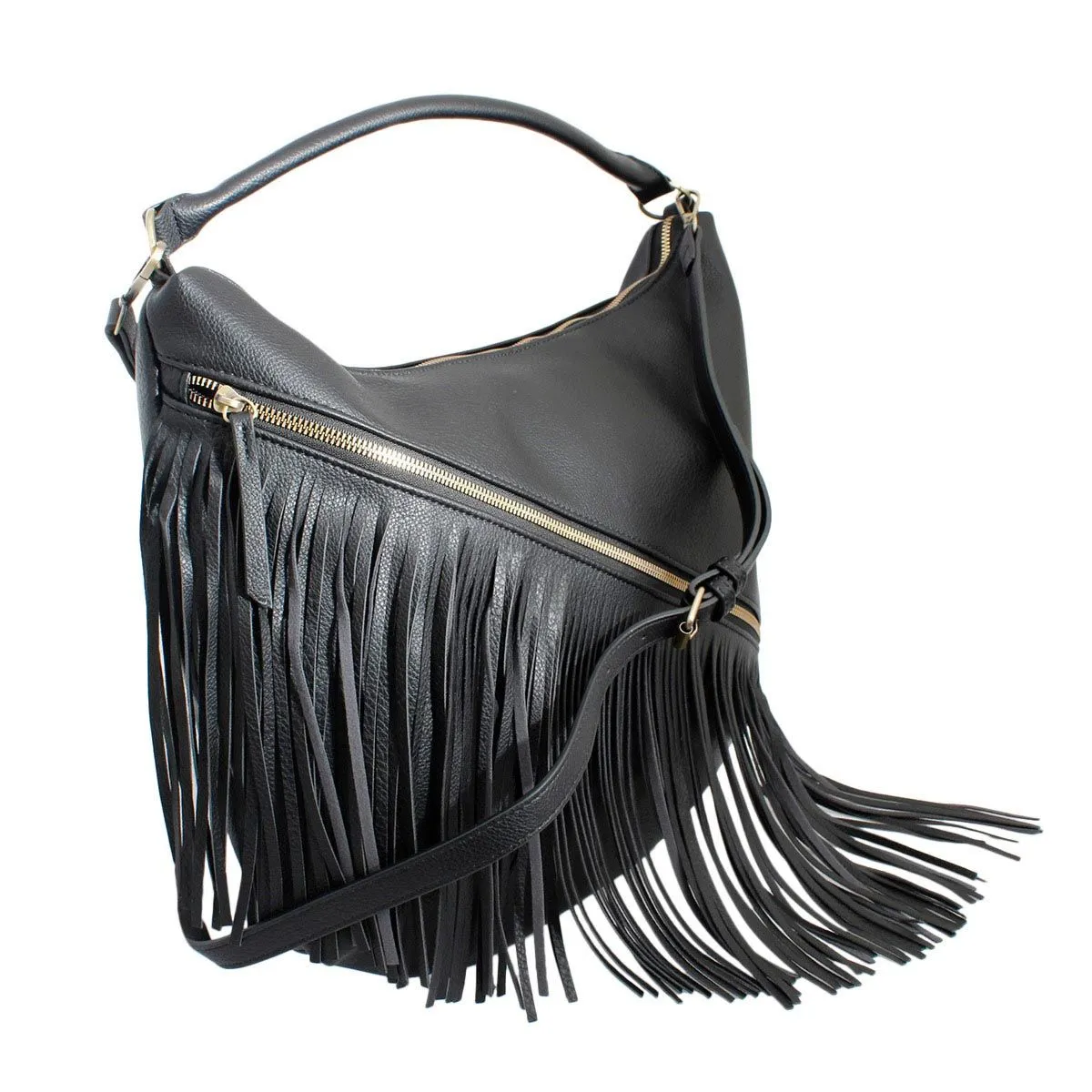 Diagonal Fringe Hobo Bag - Black