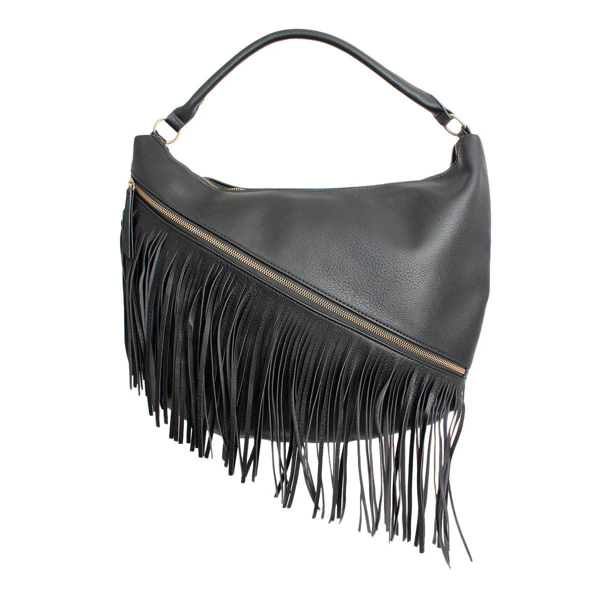 Diagonal Fringe Hobo Bag - Black