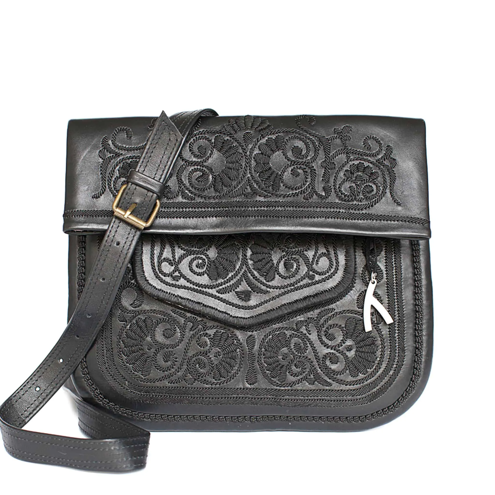 Embroidered Leather Berber Bag in Black