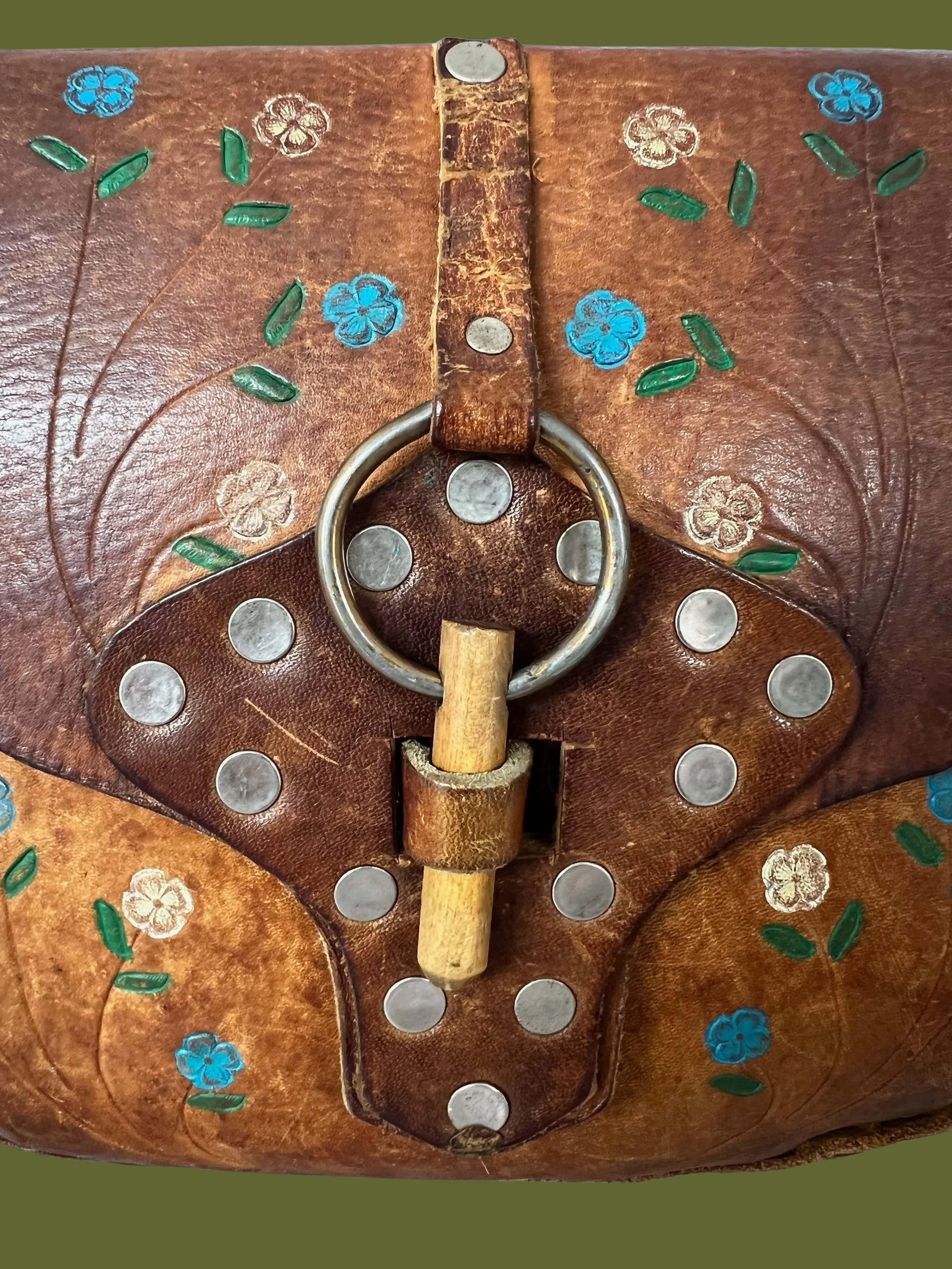 FLOWER CHILD 1970's Tooled Brown Leather Floral Shoulder Bag