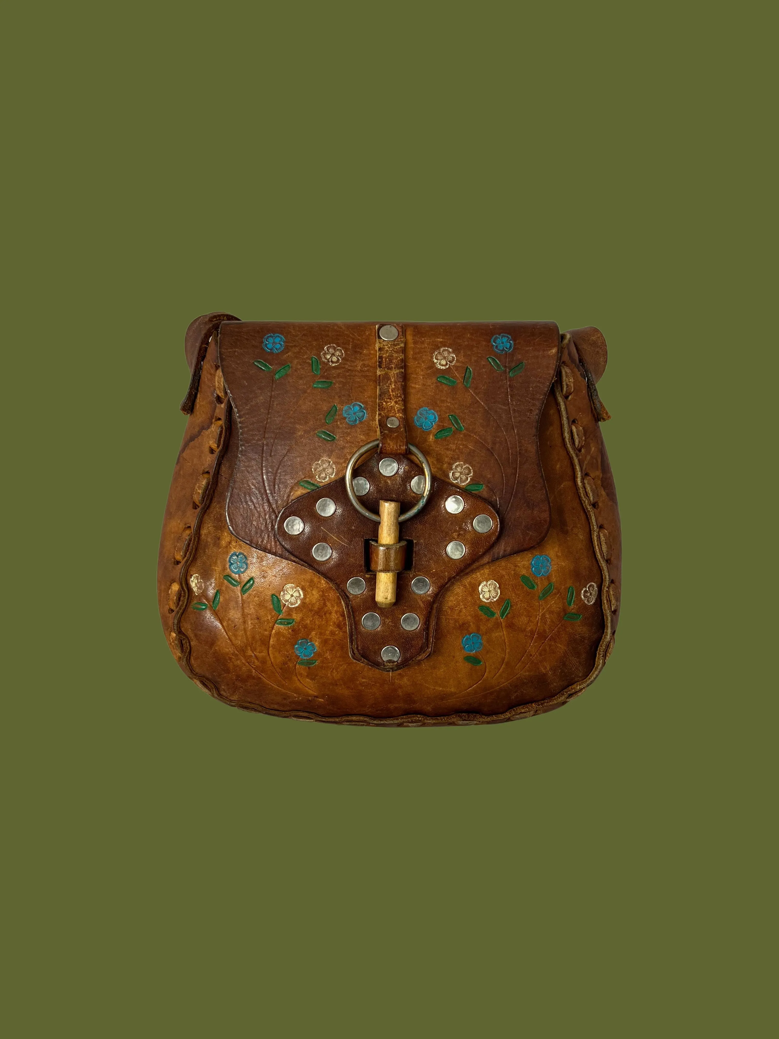 FLOWER CHILD 1970's Tooled Brown Leather Floral Shoulder Bag