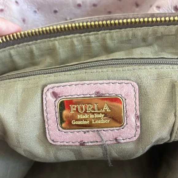 Furla Large Pink Ostrich Leather Bag with Zippers