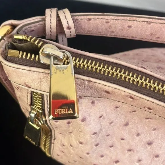 Furla Large Pink Ostrich Leather Bag with Zippers