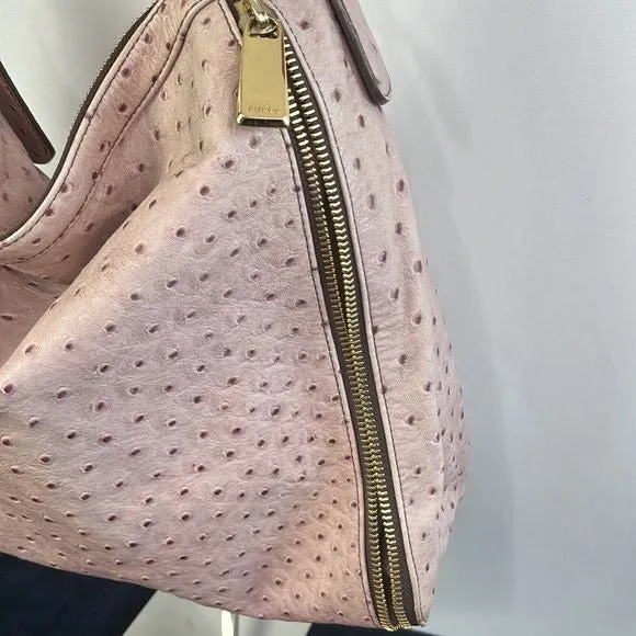 Furla Large Pink Ostrich Leather Bag with Zippers