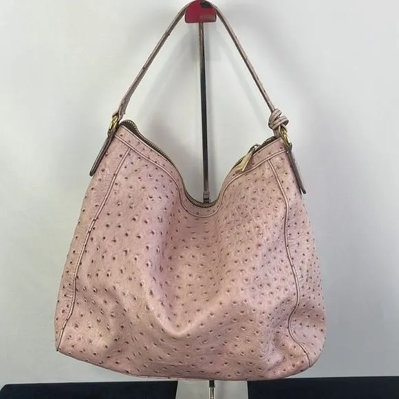 Furla Large Pink Ostrich Leather Bag with Zippers