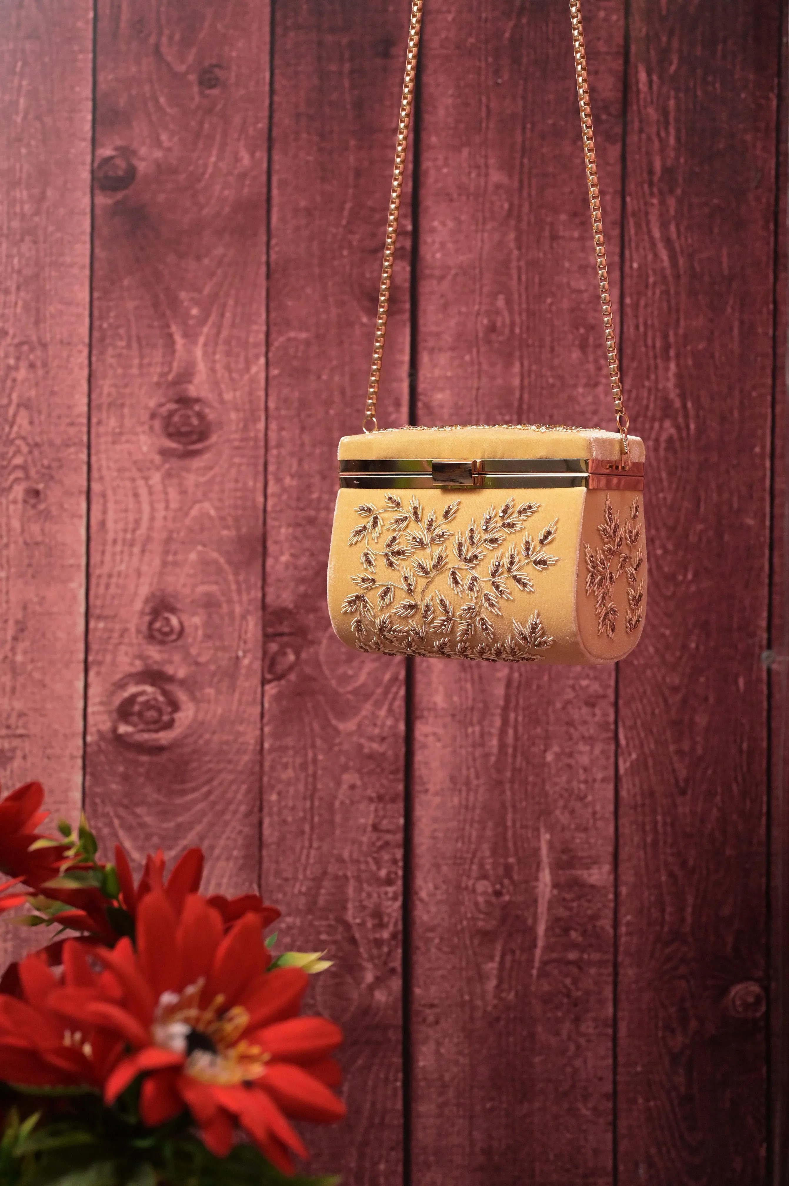 Golden Color Velvet Box Clutch Bag with Hand Zardosi Work