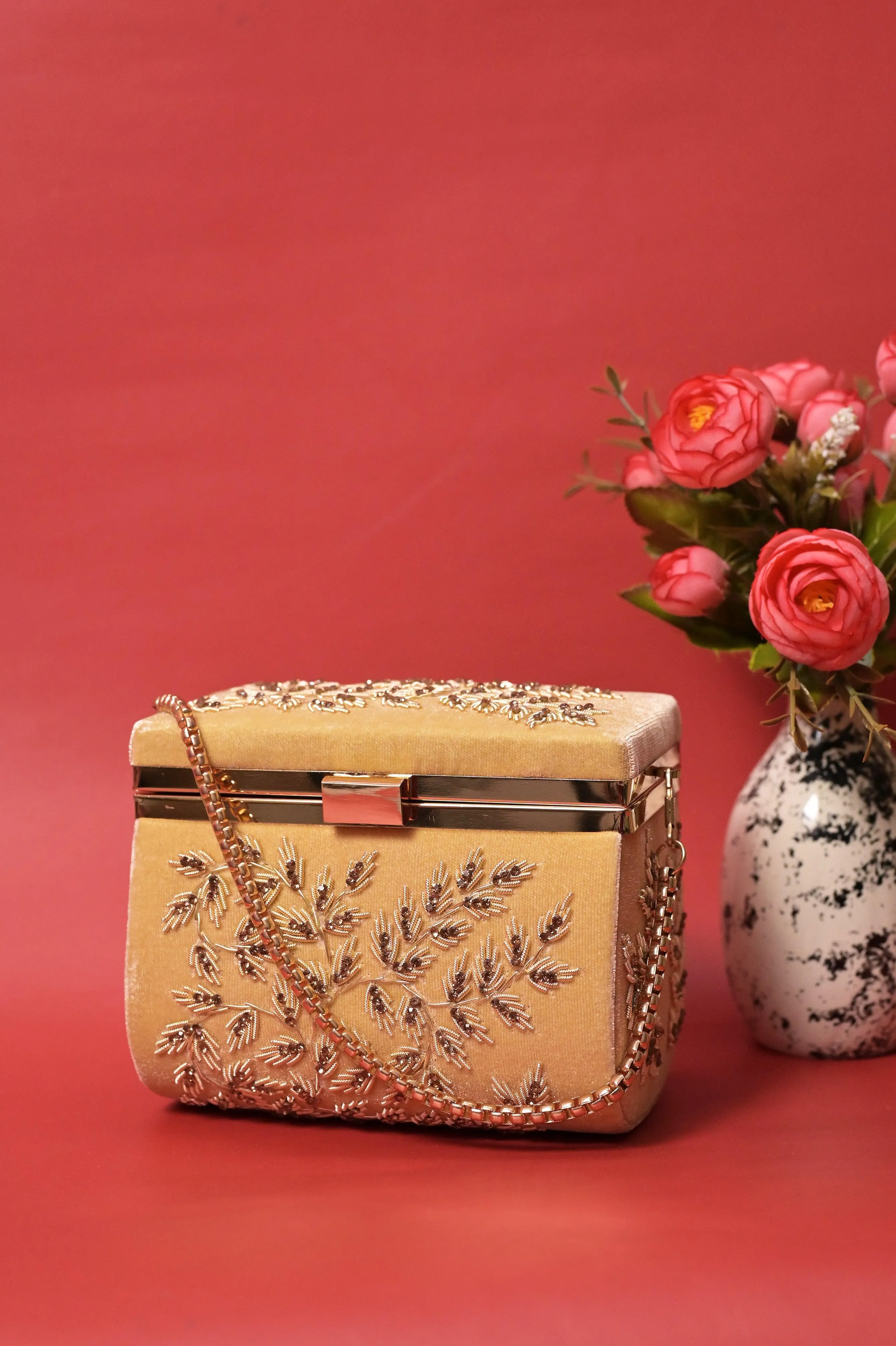 Golden Color Velvet Box Clutch Bag with Hand Zardosi Work