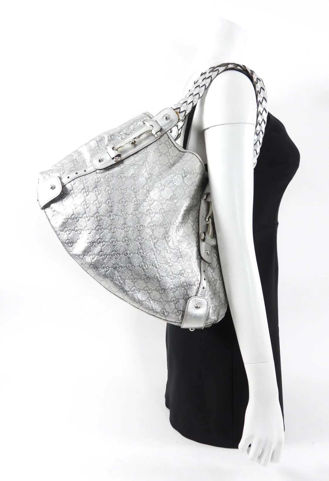 Gucci Silver Metallic Guccisima Monogram Leather Medium Pelham Shoulder Tote Bag