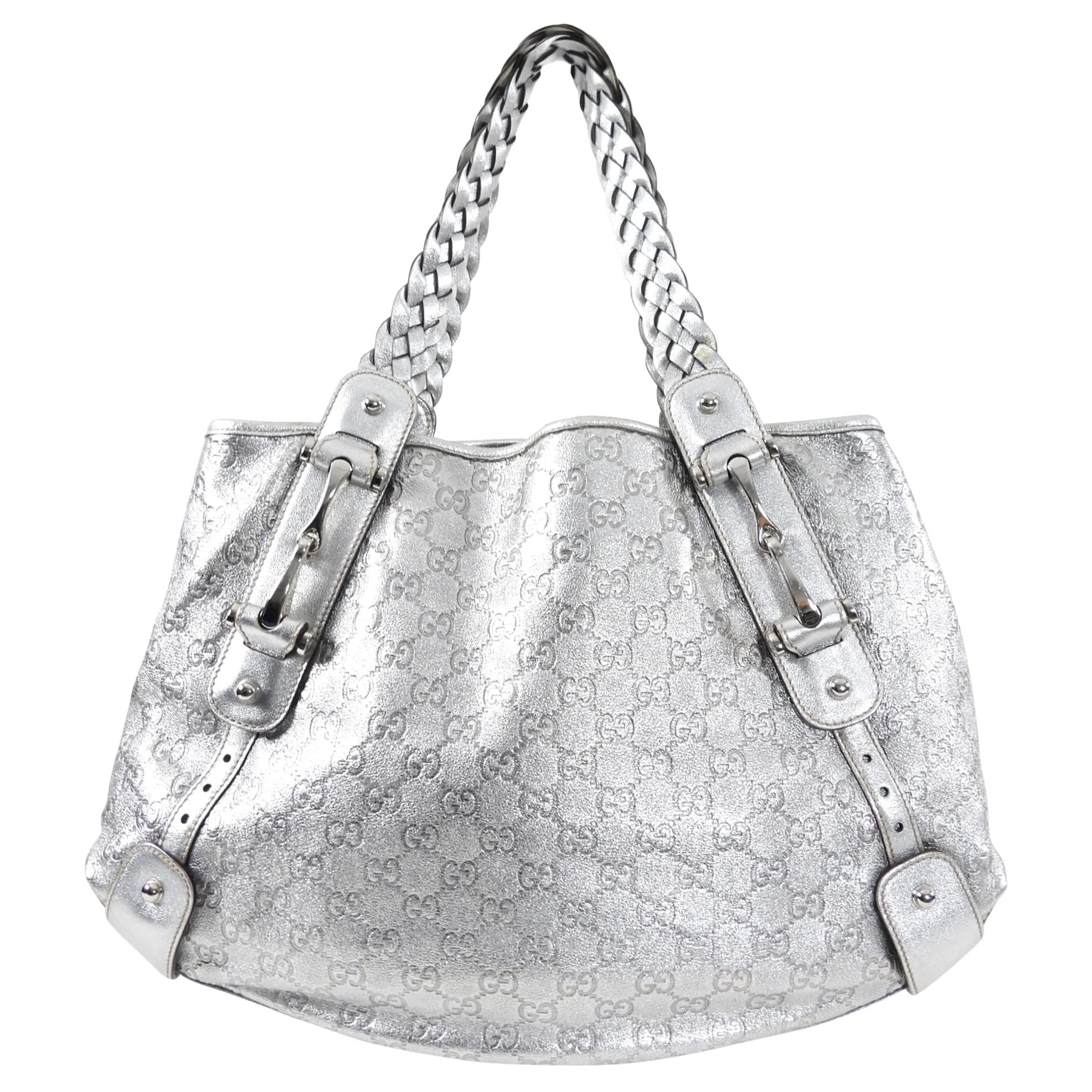 Gucci Silver Metallic Guccisima Monogram Leather Medium Pelham Shoulder Tote Bag