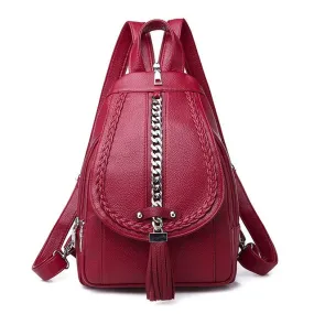 Large Capacity Waterproof Lightweight Chain and Tassel Preppy Style PU Leather Travel Backpack