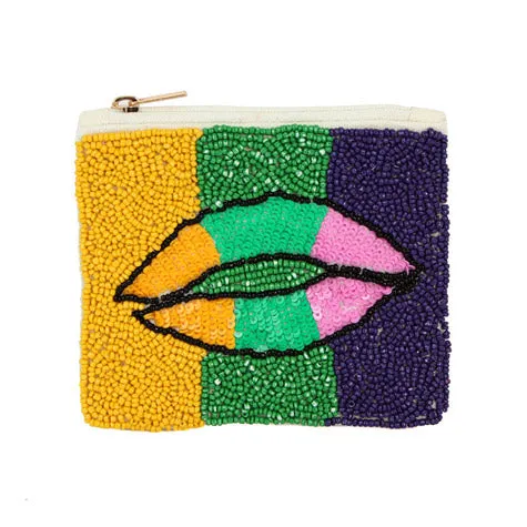 Mardi Gras Lips Seed Beaded Mini Pouch Bag