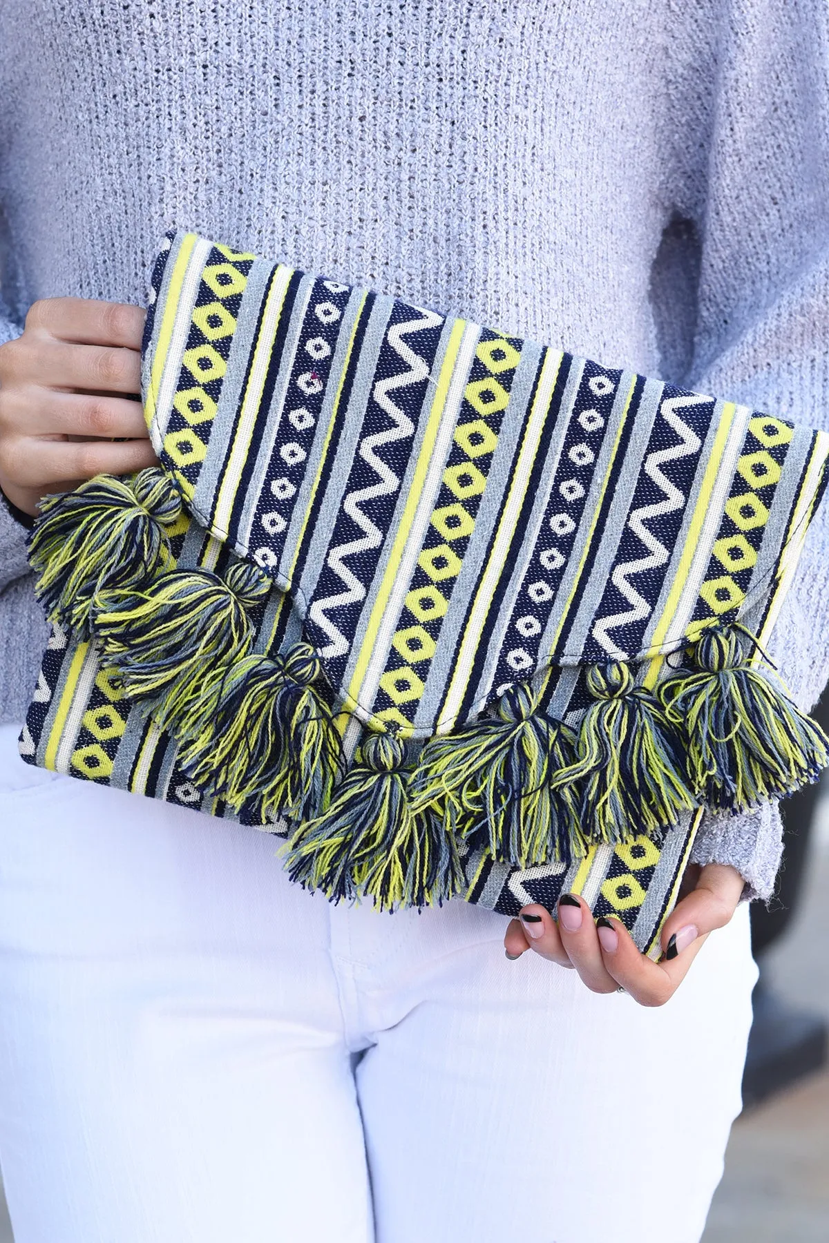 NAVY FRINGE CLUTCH