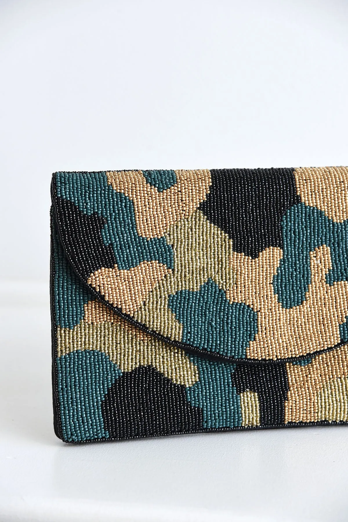 OLIVE CAMO BEADED CLUTCH