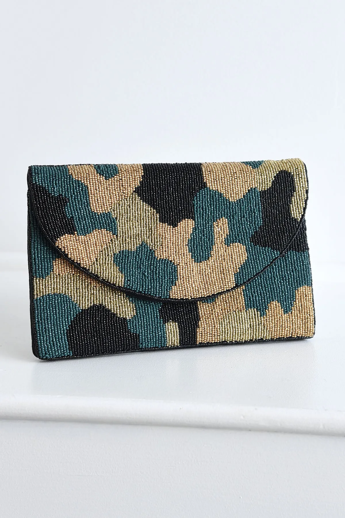 OLIVE CAMO BEADED CLUTCH