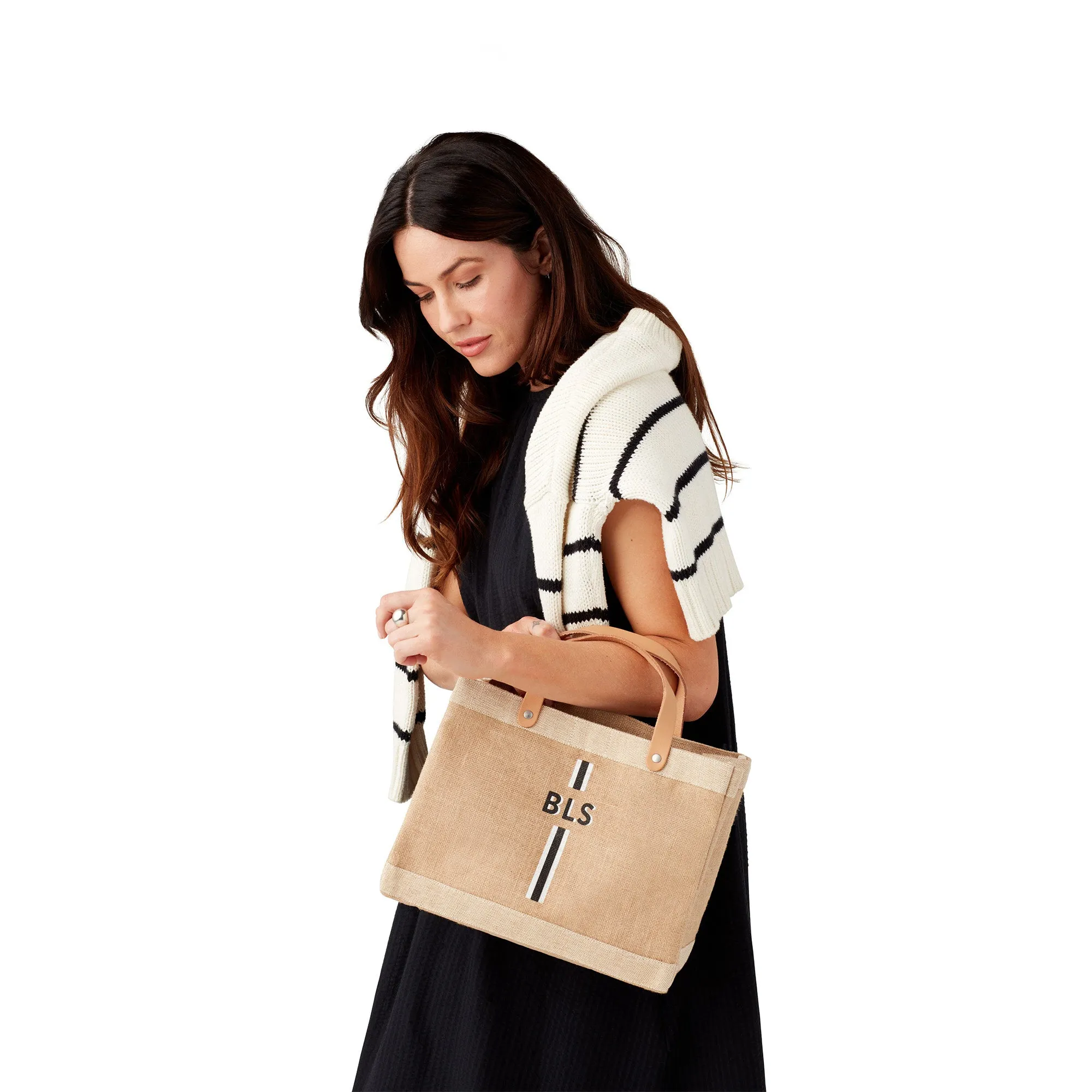 Petite Market Bag in Natural with Black Monogram