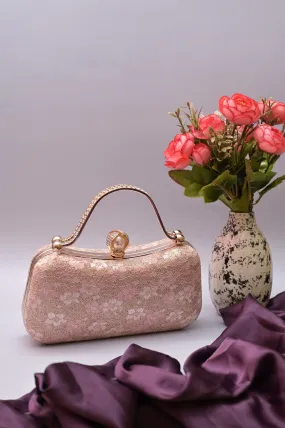 Pink Color Clutch Bag with Stone Handle