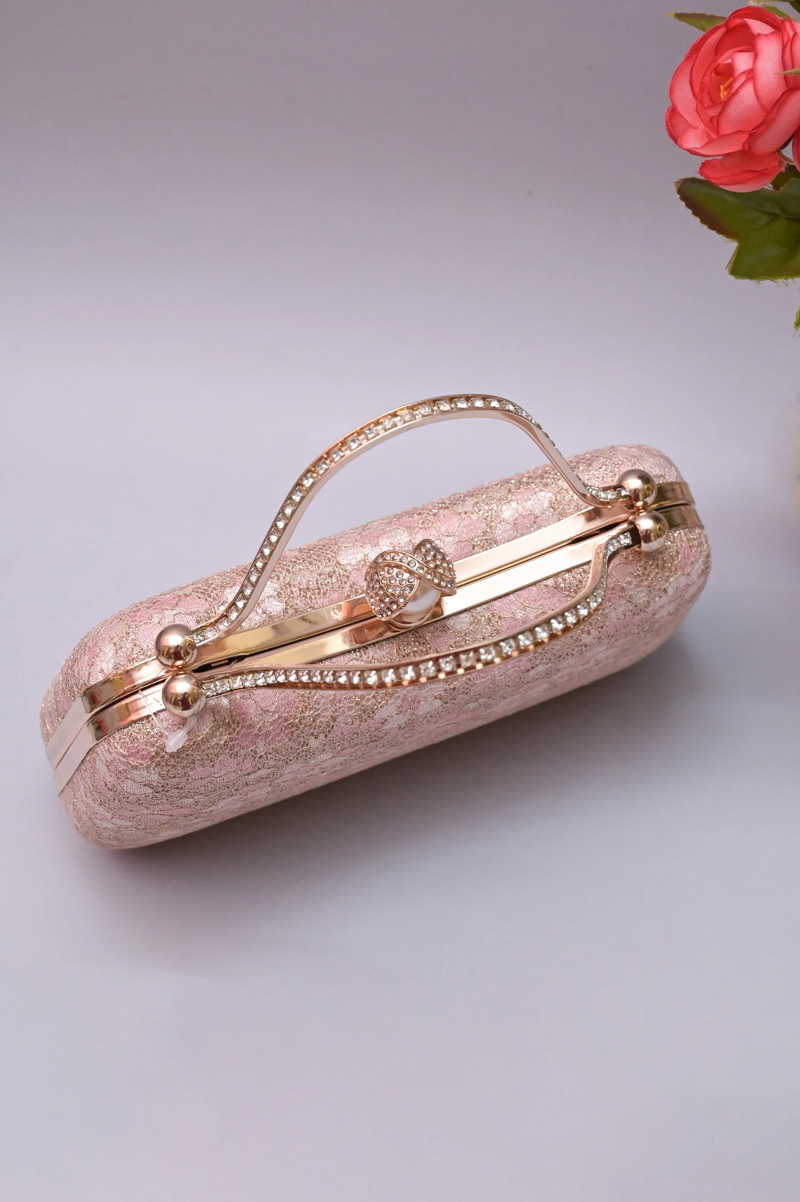 Pink Color Clutch Bag with Stone Handle