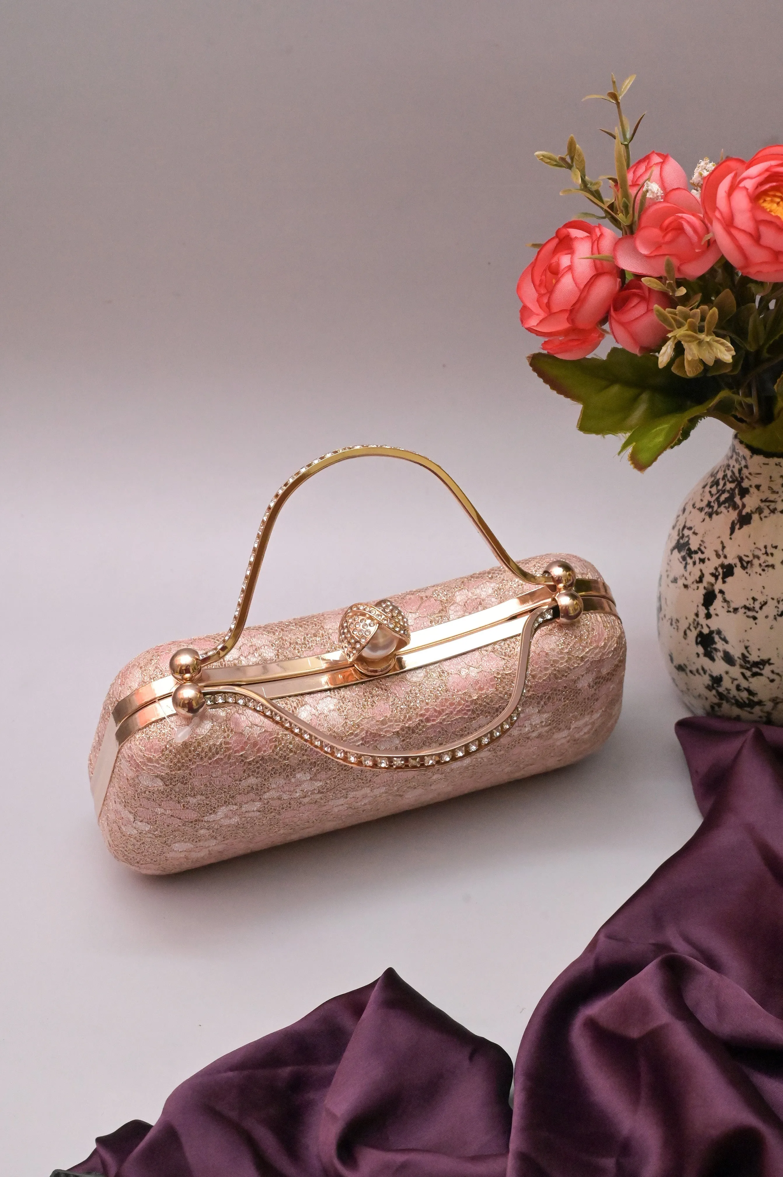 Pink Color Clutch Bag with Stone Handle