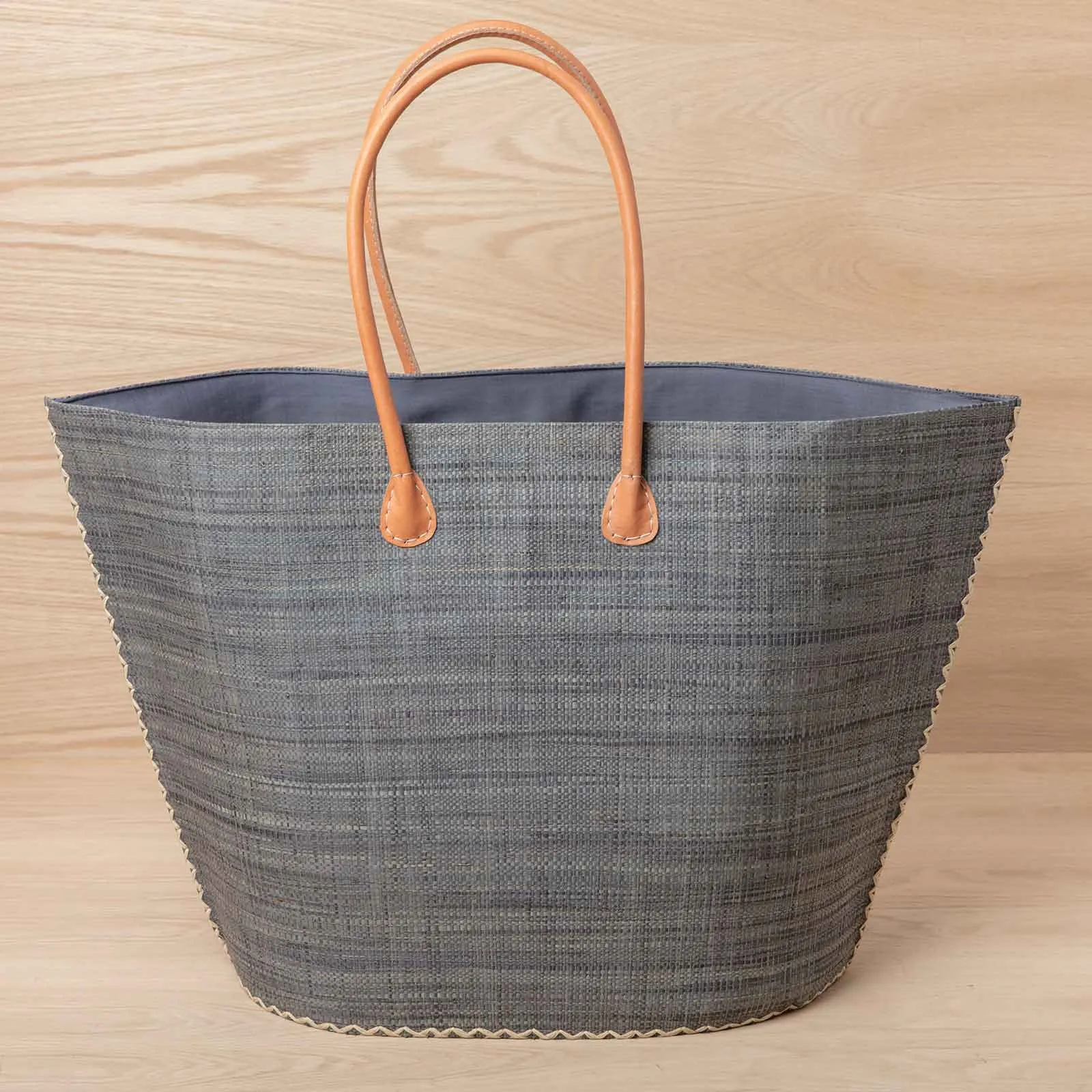 Raffia Grey Tote with Leather Handle