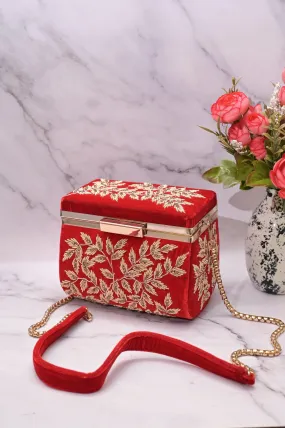 Red Color Velvet Box Clutch Bag with Hand Zardosi Work