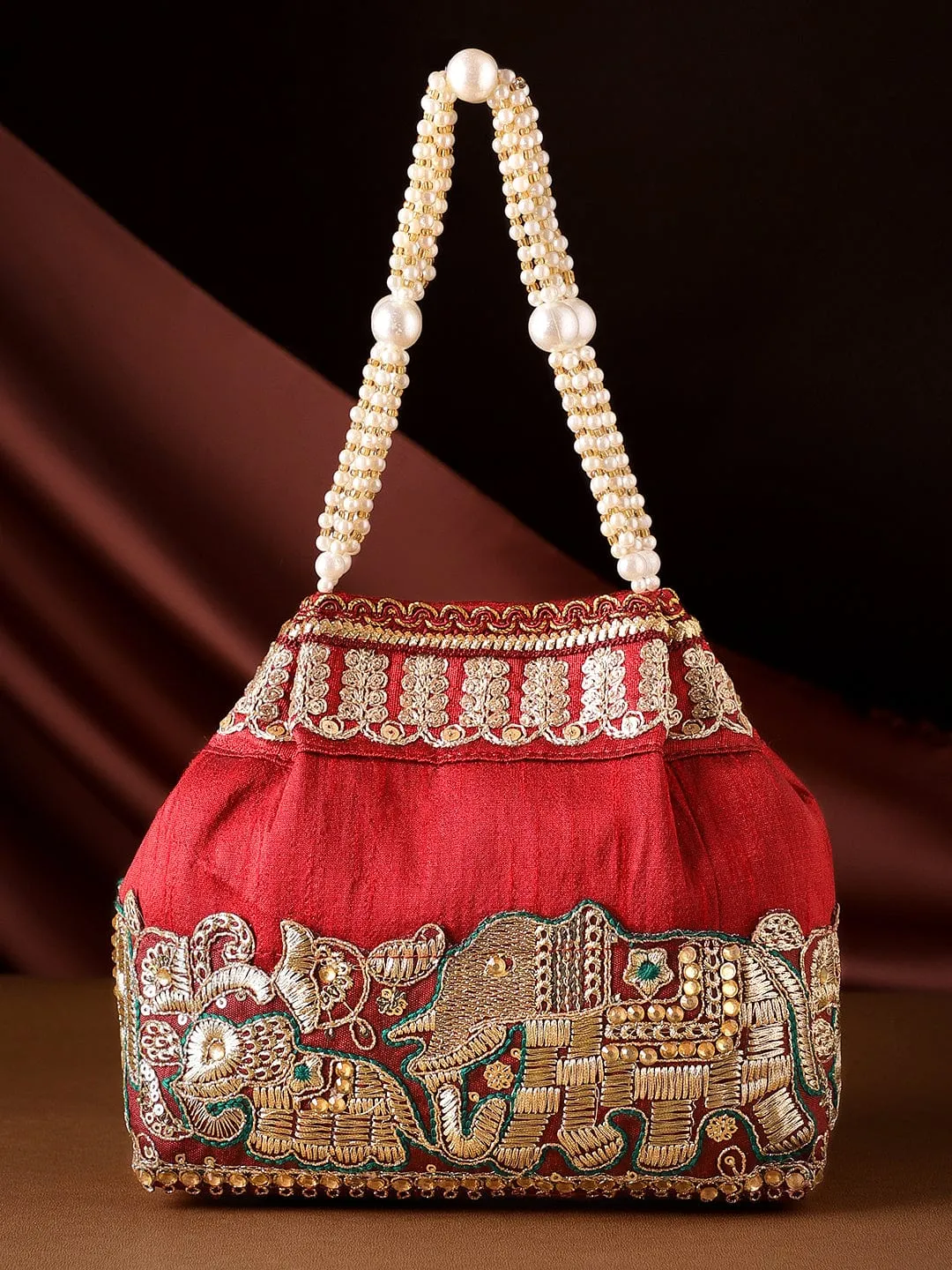 Rubans Maroon Coloured Potli Handbag With Silver Embroidery And Pearls