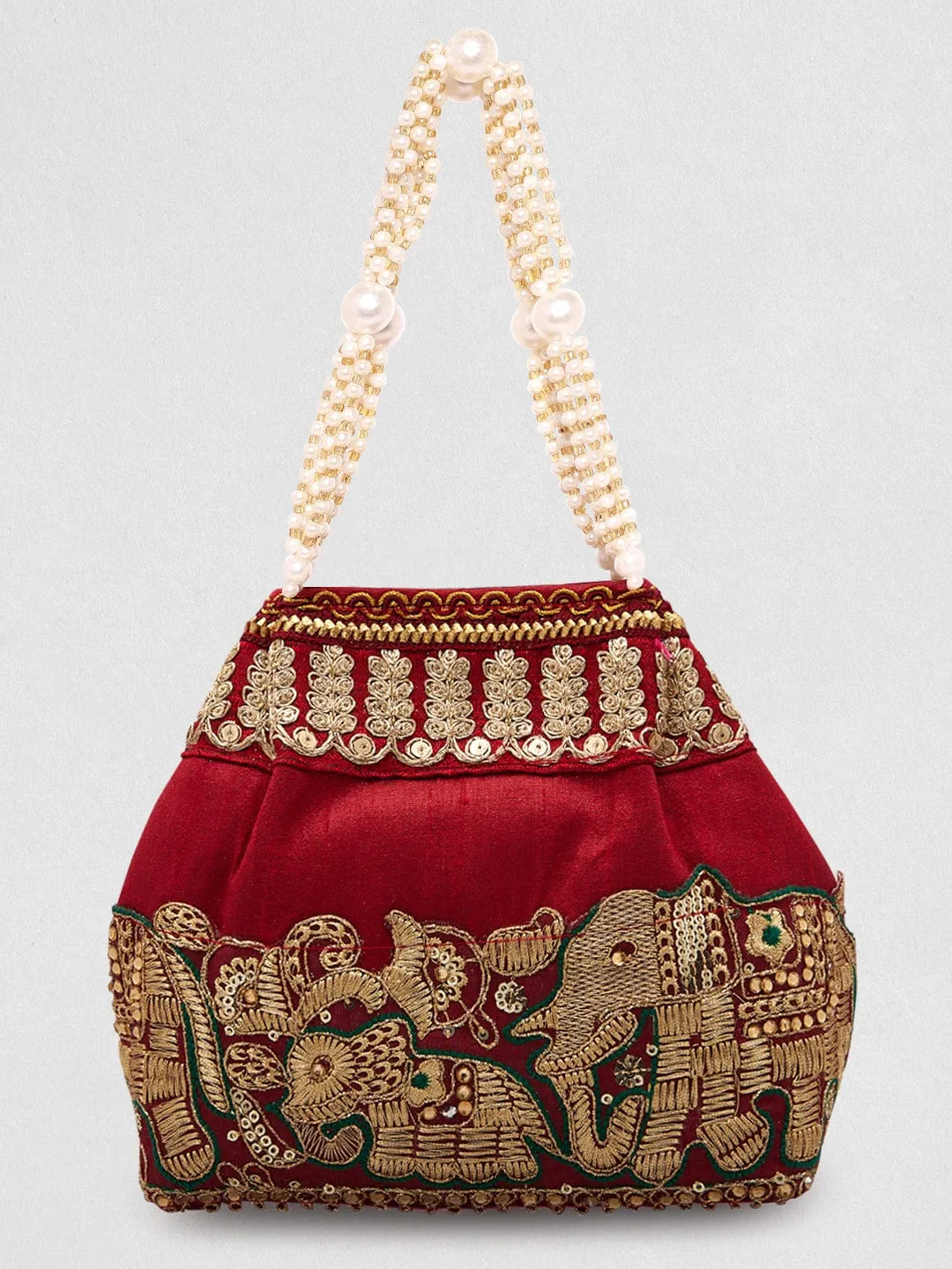 Rubans Maroon Coloured Potli Handbag With Silver Embroidery And Pearls