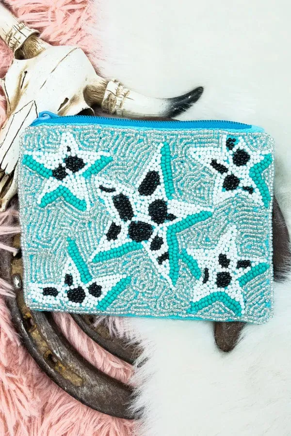 Turquoise stars BEADED COIN clutch PURSE