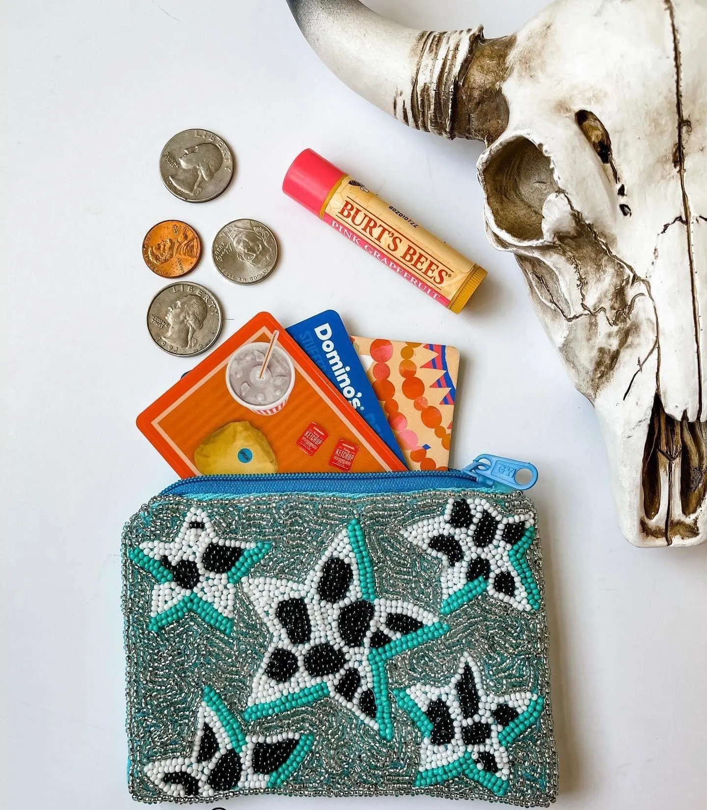 Turquoise stars BEADED COIN clutch PURSE