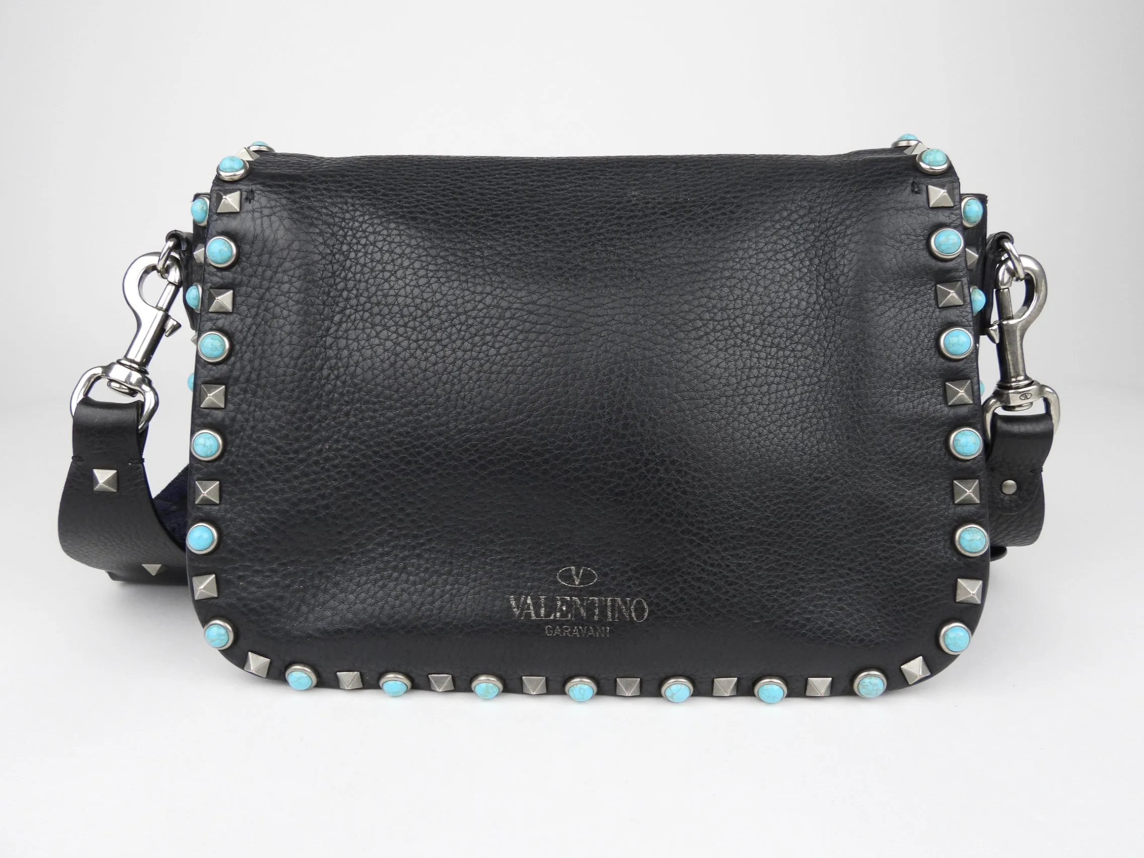 Valentino Navy Leather Guitar Rolling Rockstud Shoulder Bag