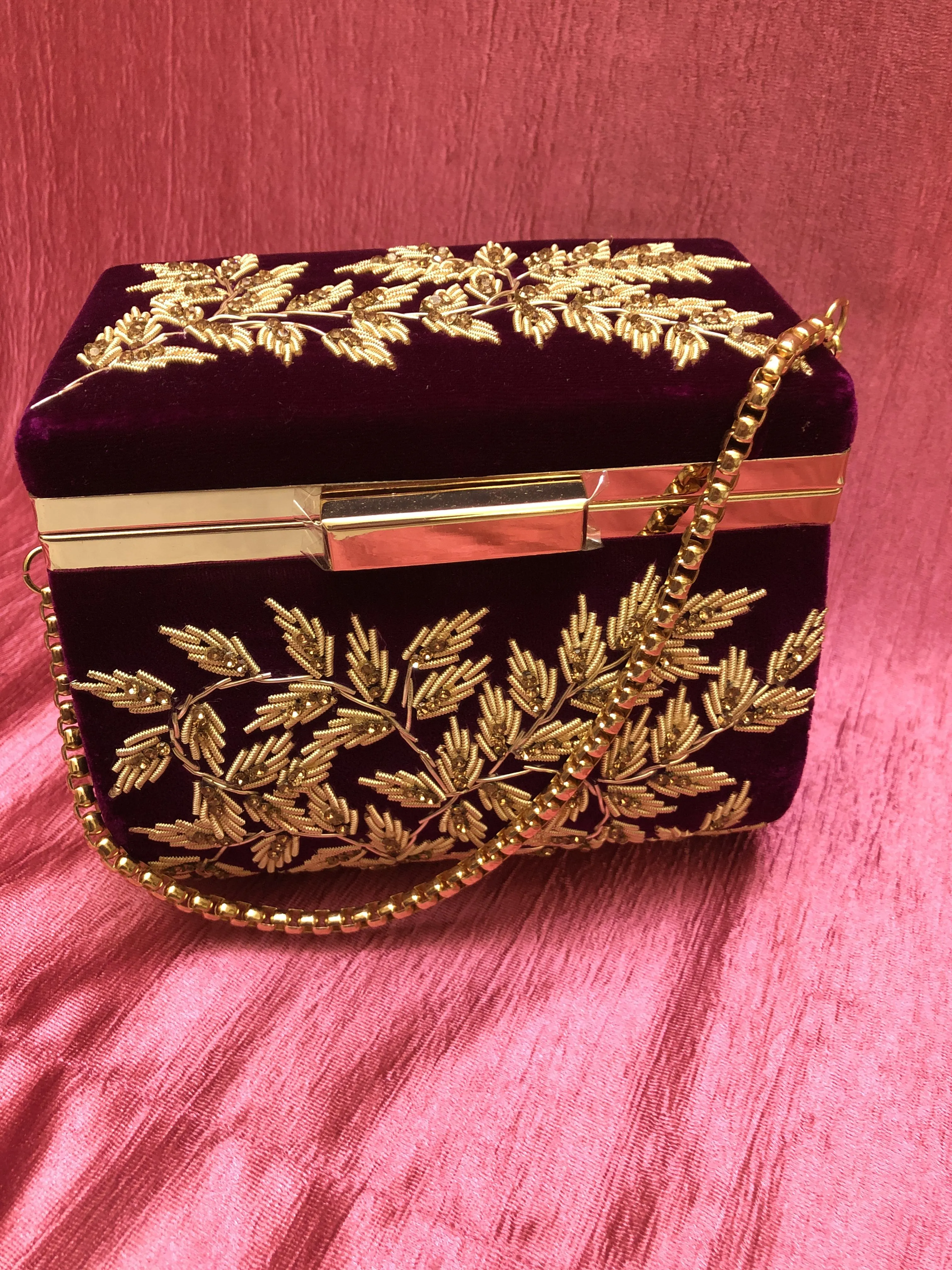 Wine Color Velvet Box Clutch Bag with Hand Zardosi Work